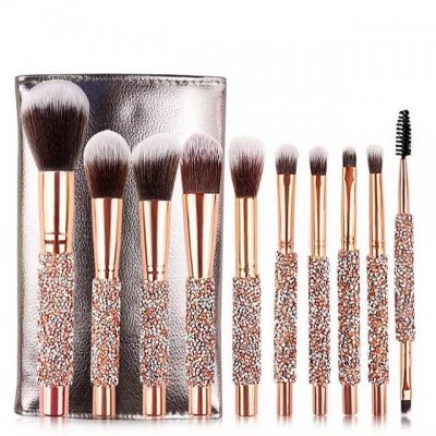 Rose Golden Glitter Handle 10pcs Crystal Diamond Foundation Brush Set With Pu Bag Makeup Brushes